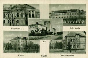 Gyula, Megyeháza, Polgári iskola, Vár, Kórház, Tüdő szanatórium