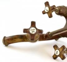 Hőmérős antik réz kádcsap, zománc feliratokkal, 32×16 cm