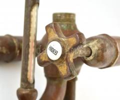 Hőmérős antik réz kádcsap, zománc feliratokkal, 32×16 cm