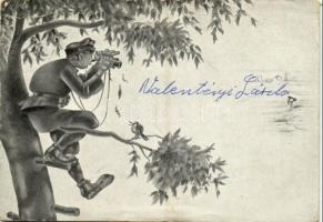 ~1941 Határvadász élet. A magas figyelő igyekezzék az ellenség viszonyaiba való betekintésre! Kerekes Lajos határvadász rajza 20. po. sz. / WWII Hungarian military art postcard, border watch (EB)