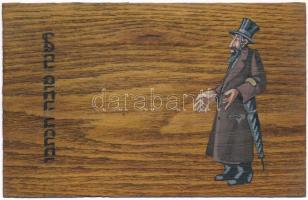 1899 Rabbi, héber felirattal. Kézzel rajzolt és színezett egyedi lap fakéregből / Rabbi, Hebrew text. Custom made hand-drawn and hand-painted wooden card made out of tree bark. Judaica