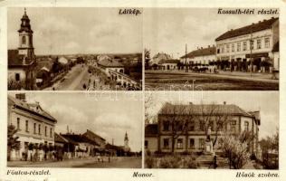 1935 Monor, látkép, templom, Kossuth tér, Szemes Sándor üzlete, Takarékpénztár, Fő utca, Hősök szobra, emlékmű (EK)