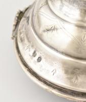 Ezüst (Ag.) gyertyatartó párban, jelzett, mesterjeggyel (A.P.), vésett díszítésekkel, apró horpadáso...