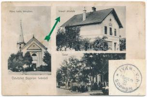Iván (Sopron), Római katolikus templom, vasútállomás, üzlet. Muszik Elek kiadása + 1914 IVÁN-V.Á. SOPRON