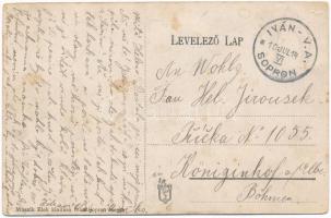 Iván (Sopron), Római katolikus templom, vasútállomás, üzlet. Muszik Elek kiadása + "1914 IVÁN-V...