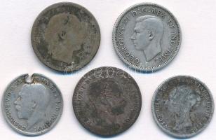 5db-os vegyes magyar és külföldi rossz tartású, sérült ezüstpénz tétel, közte 1870KB 10kr Ag "V...