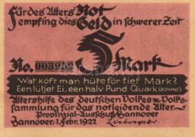 Német Birodalom/Weimari Köztársaság/ Hannover 1922. 2M + 3M + 5M + 10M + 20M 5klf, teljes sor T:I