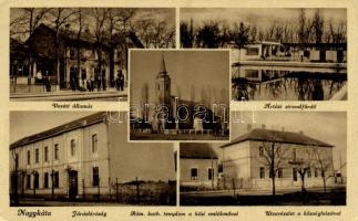 1942 Nagykáta, Vasútállomás, Járásbíróság, Artézi strandfürdő, Római katolikus templom a hősi emlékművel, utca, Községháza (EK)