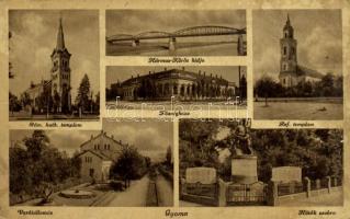 1943 Gyoma (Gyomaendrőd), Római katolikus templom, Községháza, Hármas-Körös hídja, Református templom, Vasútállomás, Hősök szobra, emlékmű (EB)