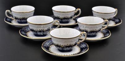 Zsolnay Pompadour mokkás készlet, 6 db csésze+alj,  jelzett, apró kopásokkal, d: 7,5 ill. 12 cm