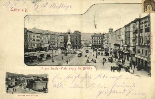 Linz, Franz Josefs-Platz gegen die Brücke, Urfahr / square, bridge, trams, shops