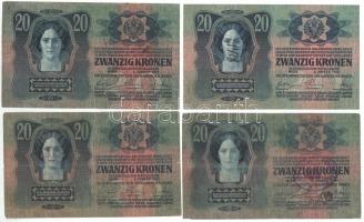 1913. 20K (4xklf) nehezen olvasható felülbélyegzésekkel T:III,III- kis szakadás / Hungary 1913. 20 K...