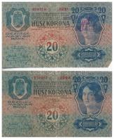 1913. 20K (4xklf) nehezen olvasható felülbélyegzésekkel T:III,III- kis szakadás, fo. / Hungary 1913....