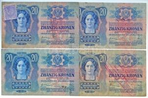 1913. 20K (4xklf) nehezen olvasható, cirill betűs felülbélyegzésekkel, egyik jugoszláv bélyeggel T:III / Hungary 1913. 20 Korona (4xdiff) with hardly readable cyrillic cancellations, one with Yugoslavian stamp C:F