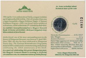 2005. 10Ft Cu-Ni "József Attila" sorszámozott emléklapon T:1