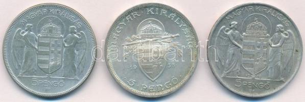 1930. 5P Ag "Horthy jobbra" + 1938. 5P Ag "Szent István" + 1939. 5P Ag "Hor...