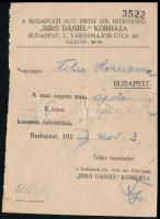 1927. Budapest Ortodox Izraelita Hitközség Bíró Dániel kórháza ápolási díj igazolása