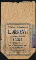 cca. 1920-1925 Kassa/Kosice, L. Merényi csemege üzletének szlovák és magyar feliratos illusztrált, l...