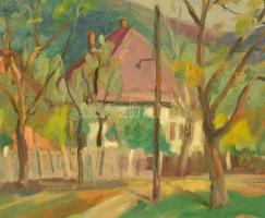 Barkóczi Gyula (1912-2016): Falusi utcarészlet. Olaj, vászon, jelzett, 50×61 cm