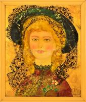 Bordás Ferenc (1911-1982): Női portré. Olaj-aranyfüst, farost, jelzett, fa keretben, 60×49 cm