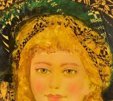 Bordás Ferenc (1911-1982): Női portré. Olaj-aranyfüst, farost, jelzett, fa keretben, 60×49 cm