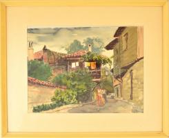 Káldy Lajos (1922-): Mediterrán utca. Akvarell, papír, jelzett, üvegezett keretben, 33×45 cm