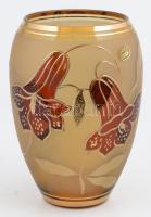 Cseh, festett, aranyozott kristály váza, eredeti dobozában m: 20 cm