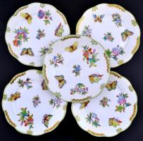 Herendi Viktória mintás antik süteményes tányérok ( 10 db), kézzel festett, jelzett (jubileumi 150), kopásnyomokkal, d: 18,5 cm (10×)