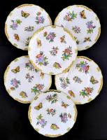 Herendi Viktória mintás süteményes tányérok ( 6db), kézzel festett, jelzett (jubileumi), kopásnyomokkal, d: 20,5 cm (6×)