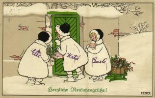 Herzliche Neujahrsgrüße! / Children New Years art postcard. M. Munk Vienne Nr. 550. s: Pauli Ebner (pinhole)
