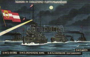 Squadra in Evoluzione / Flottenmanöver / WWI Austro-Hungarian Navy, K.u.K. Kriegsmarine, battleship squadron in maneuver, naval flag, SMS Georg, SMS Erzherzog Karl, SMS Habsburg, SMS Monarch, SMS Wien. G. Fano, Pola 1914-15. No. 44.