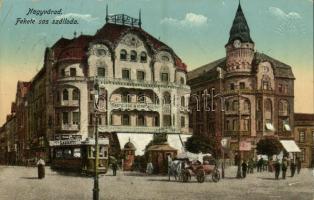 1915 Nagyvárad, Oradea; Fekete Sas szálloda, villamos Ladányi reklámmal, Vigadó Mozgó mozi / hotel, tram, cinema