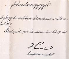 1914 Díszes k.u.k. hadnagyi kinevezés Hazai Samu honvédelmi miniszter aláírásával  / Decorative lute...