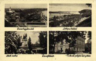 1936 Dunaföldvár, Dunai hegyláncolat, látkép a híddal, Hősök szobra, emlékmű, M. kir. állami polgári leányiskola. Kiadja Somló Manó (fa)