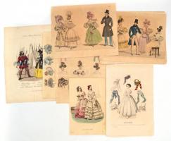 cca 1840-1880 13 db divat témájú metszet. Réz és acélmetszet, színezve.