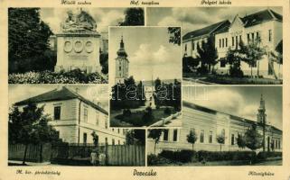 1942 Derecske, Hősök szobra, Református templom, Polgári iskola, M. kir. Járásbíróság, Községháza. Vitéz Kun Miklós dohányáruda kiadása (EM)