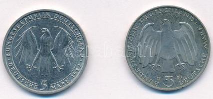 NSZK 1982D 5M Cu-Ni "Johann Wolfgang von Goethe" + 1983J 5M Cu-Ni "Karl Marx halálána...