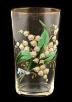 Parádi üvegpohár, gyöngyvirágos díszítéssel, kis hibákkal, m: 11 cm