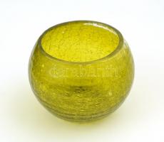 Zöld, repesztett üveg kis kaspó, kis hibákkal, d: 7,5 cm, m: 6 cm