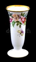 Pillangós-virágmintás porcelán kis váza, kézzel festett, jelzett, kis kopásnyomokkal, m: 12 cm