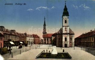 1915 Losonc, Lucenec; Kubinyi tér, Katolikus és Református templom, üzletek / square, Catholic church, Calvinist church, shops (EM)