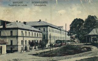 1927 Szomolnok, Schmölnitz, Smolník; Továren na tabák / Tabakfabrik / Dohánygyár, utcakép, üzlet. Kiadja G. Jilovsky / tobacco factory, street view, shop (gyűrődés / crease)