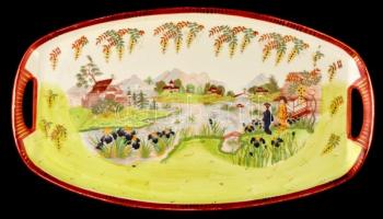 Kínai porcelán tál, részben kézzel festett, jelzett, kopásnyomokkal, 48×27 cm