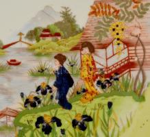 Kínai porcelán tál, részben kézzel festett, jelzett, kopásnyomokkal, 48×27 cm