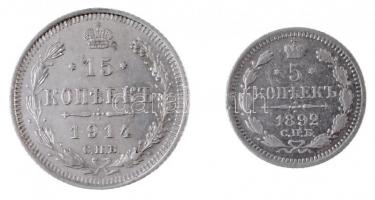 Orosz Birodalom 1892. 5k Ag + 1914. 15k Ag T:1,1-
Russian Empire 1892. 5 Kopeks Ag + 1914. 15 Kopek...