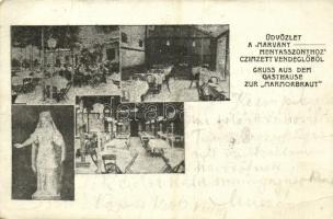 1906 Budapest I. Üdvözlet a Márvány menyasszonyhoz címzett vendéglőből, étterem belső, kert vendégekkel (fa)