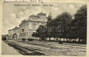 1921 Turócszentmárton, Turciansky Svaty Martin; Banka Tatra / Tátra Bank, utcakép. Kiadja J. Gasparik / street view, bank (Rb)