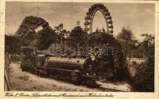 1931 Wien, Vienna, Bécs II. Prater, Liliputbahn mit Riesenrad und Hochschaubahn / amusement park, ferris wheel, roller coaster, mini railway, train (fa)