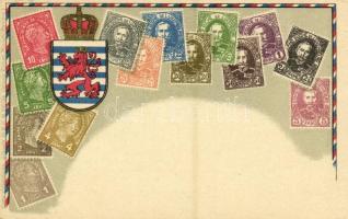 Grand Duche de Luxembourg / Stamps and coat of arms of Luxembourg. Carte philatelique Ottmar Zieher, litho