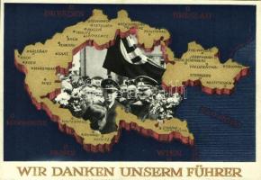 Wir danken unserm Führer / NSDAP German Nazi Party propaganda, Adolf Hitler, Konrad Henlein, map of the Czech Republic, swastika. 6 Ga. (EK)